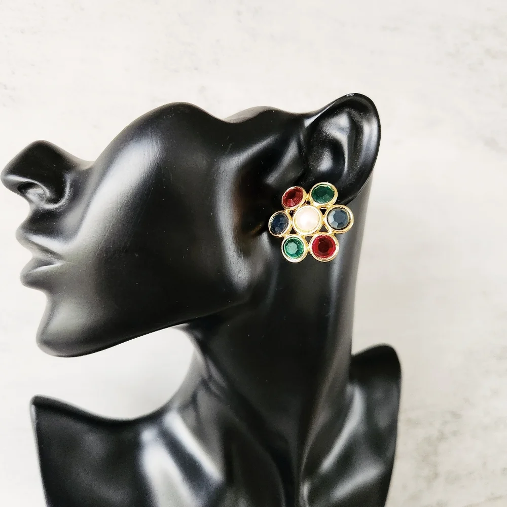 Vintage Monet Faceted Red Blue Green Glass Faux Pearl Round Flower Post Earrings
